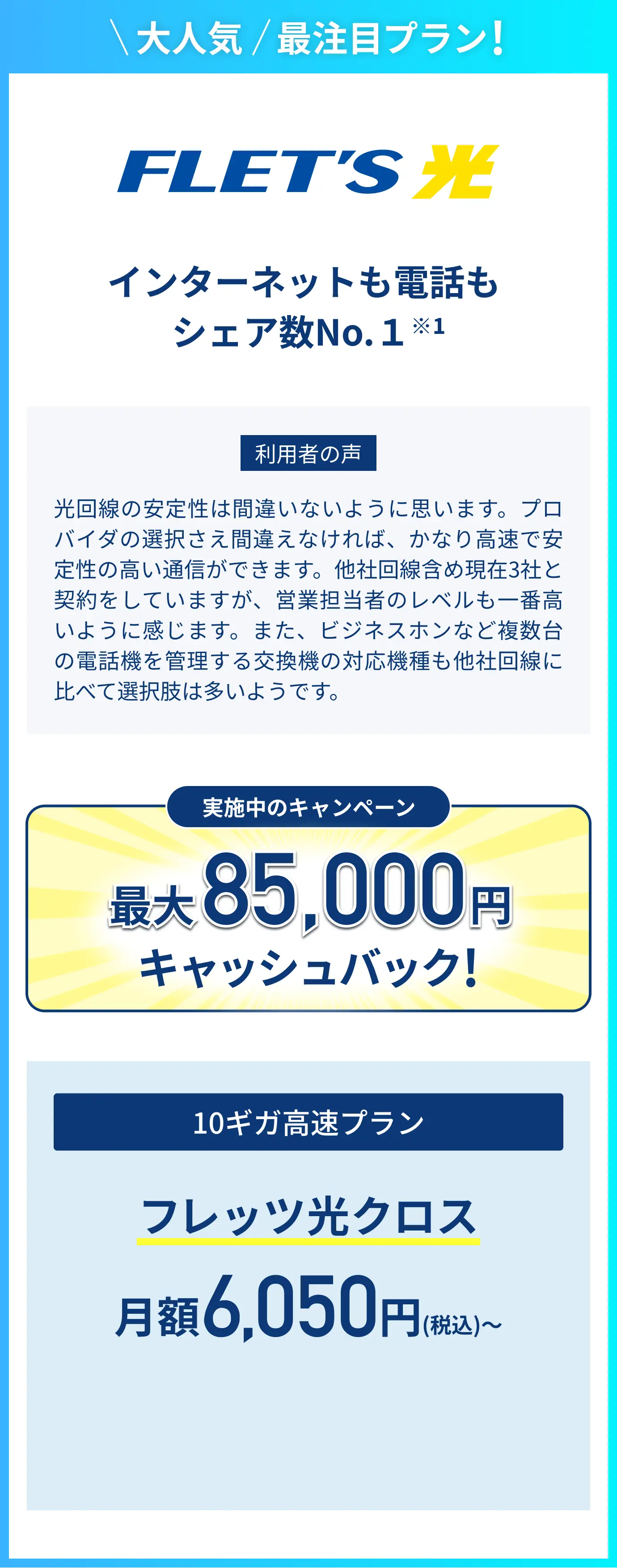 大人気再注目プラン！flets光　インターネットも電話も シェア数No.１※1　最大85,000円キャッシュバック！