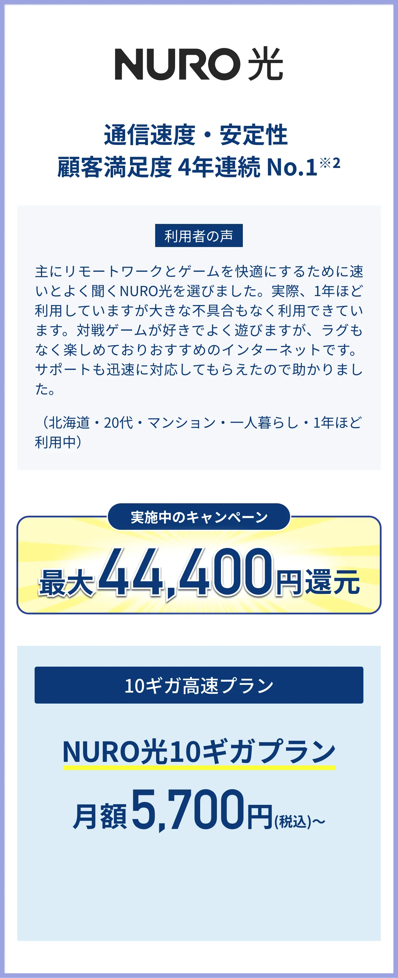 NURO光　通信速度・安定性 顧客満足度 4年連続 No.1※2　最大44,400円還元