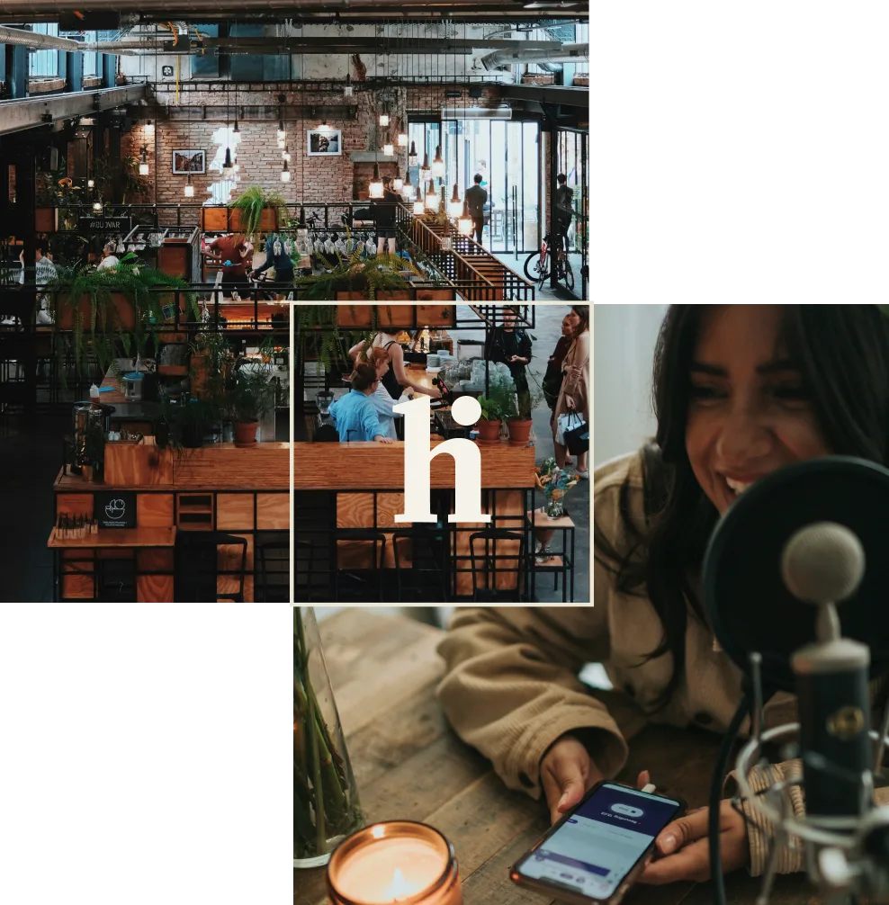 2 images combined of a woman sitting at a table on her phone and a restaurant scene