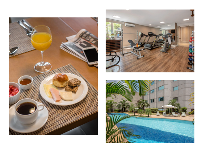 Imagem do café da manhã, academia e piscina do hotel.