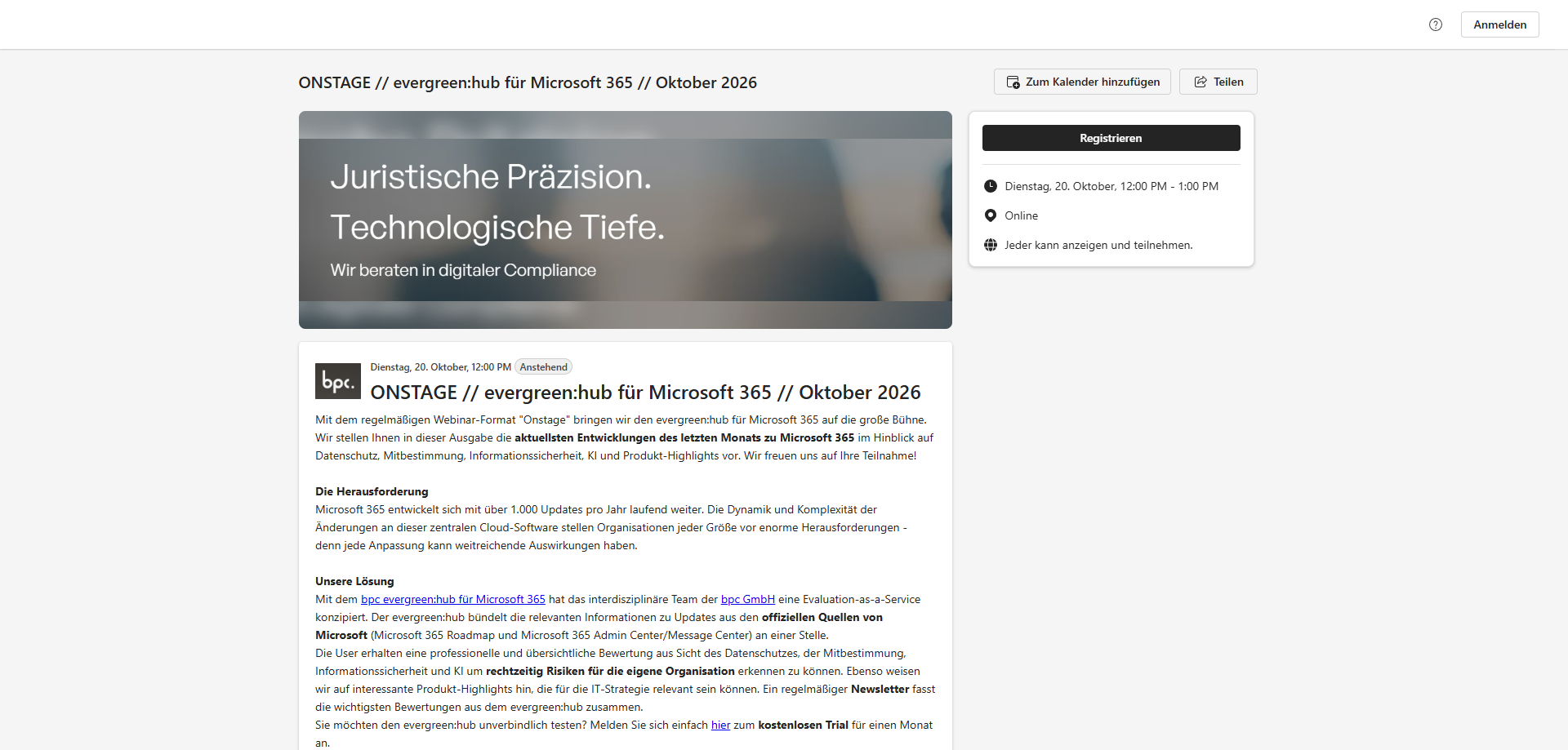 evergreen:hub ONSTAGE Webinar-Seite mit monatlichen Sessions