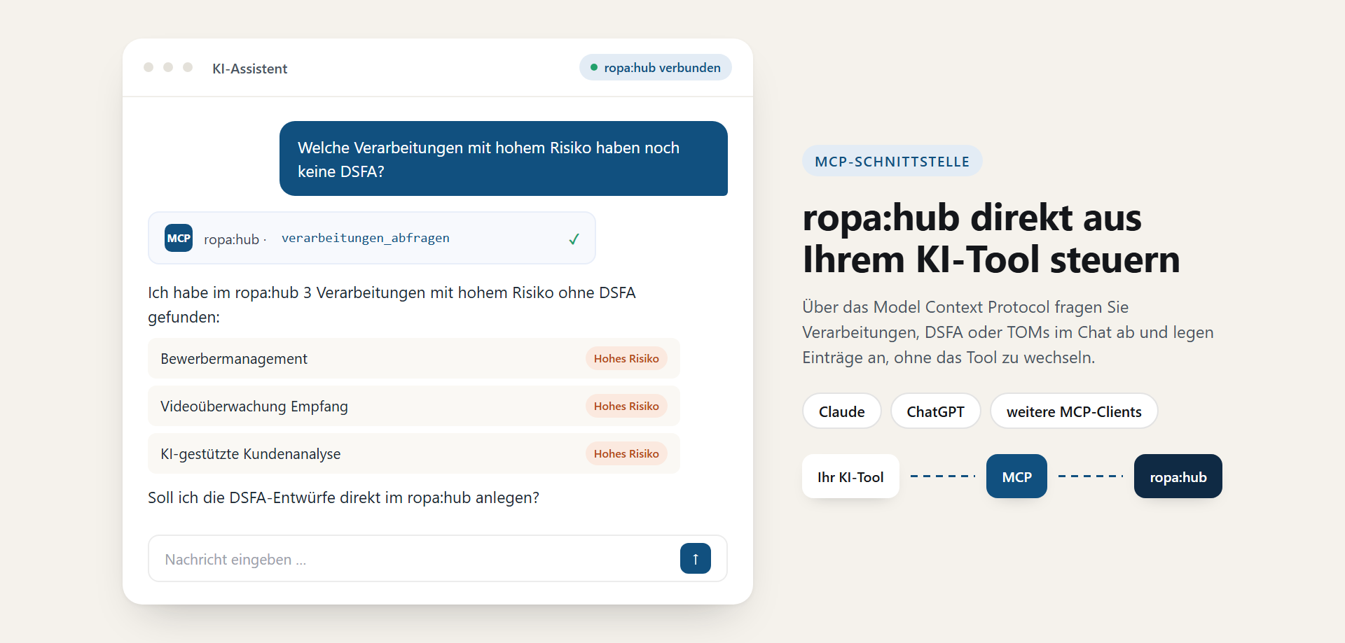 ropa:hub per MCP direkt aus KI-Tools wie Claude oder ChatGPT steuern