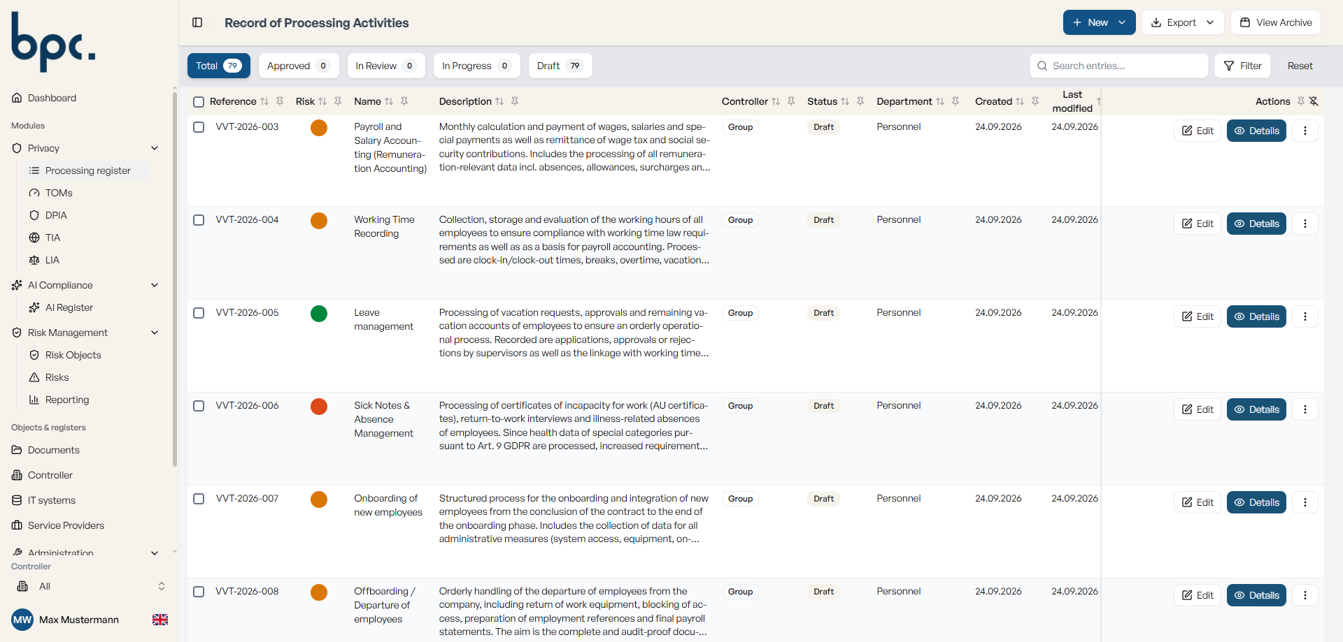 Record of processing activities in ropa:hub with status and controllers