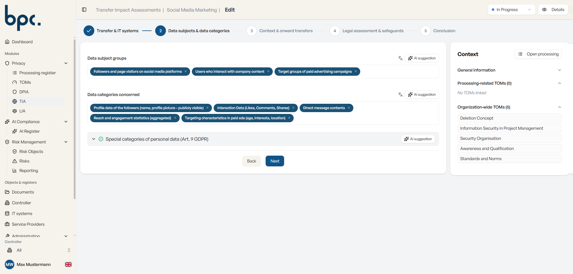 Transfer Impact Assessments in ropa:hub by destination country
