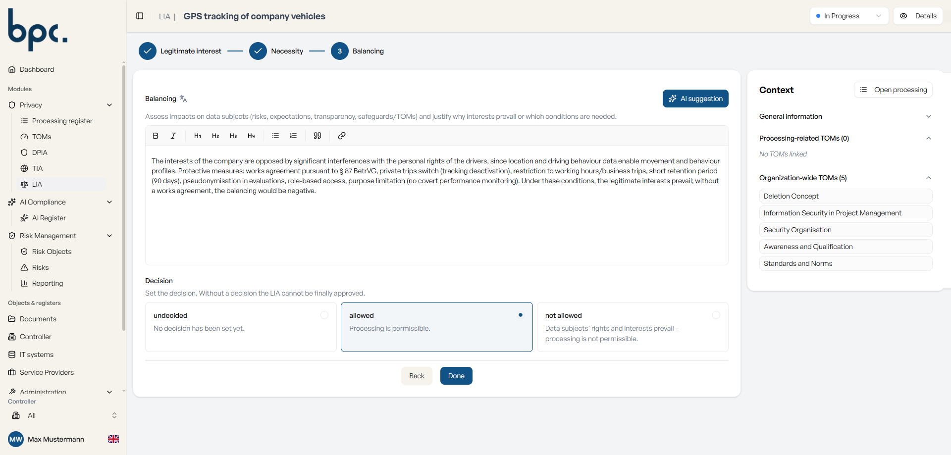 Legitimate Interest Assessment in ropa:hub
