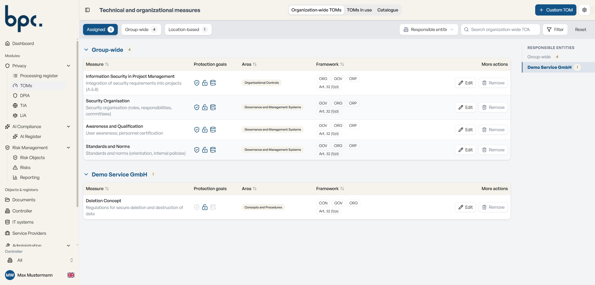 Catalog of technical and organizational measures in ropa:hub