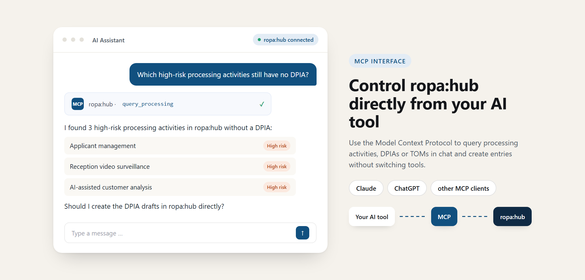Control ropa:hub via MCP directly from AI tools such as Claude or ChatGPT