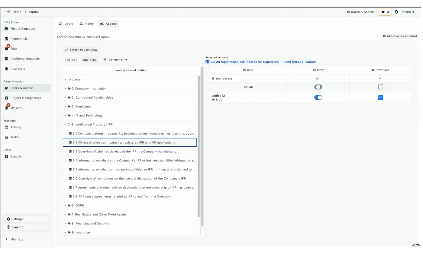 Dillien data room access control panel showing granular view and download permissions per user across folders and documents