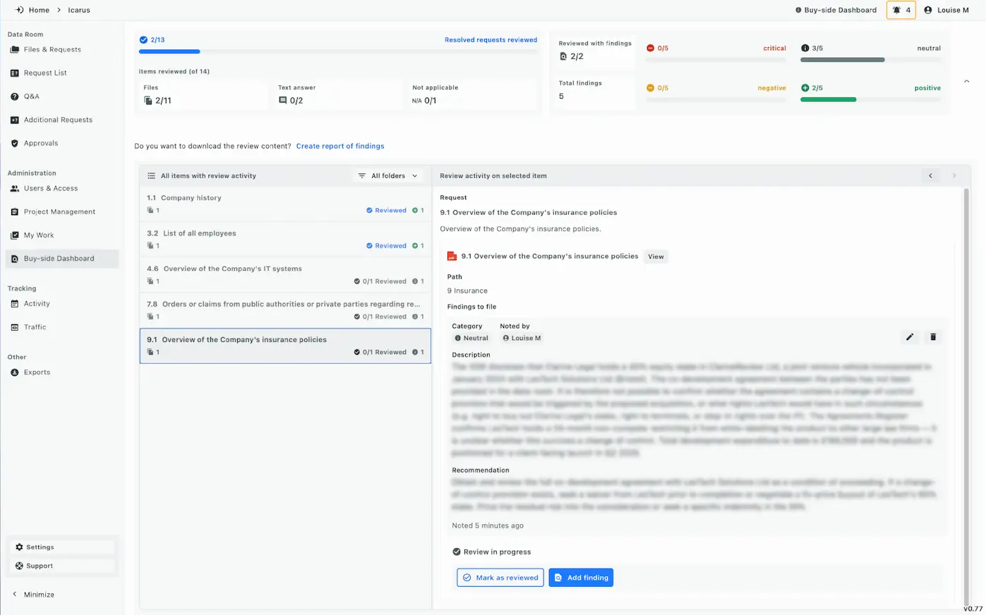 Buy-side due diligence dashboard in Dillien showing review progress, findings by category, and detailed notes tied to specific documents