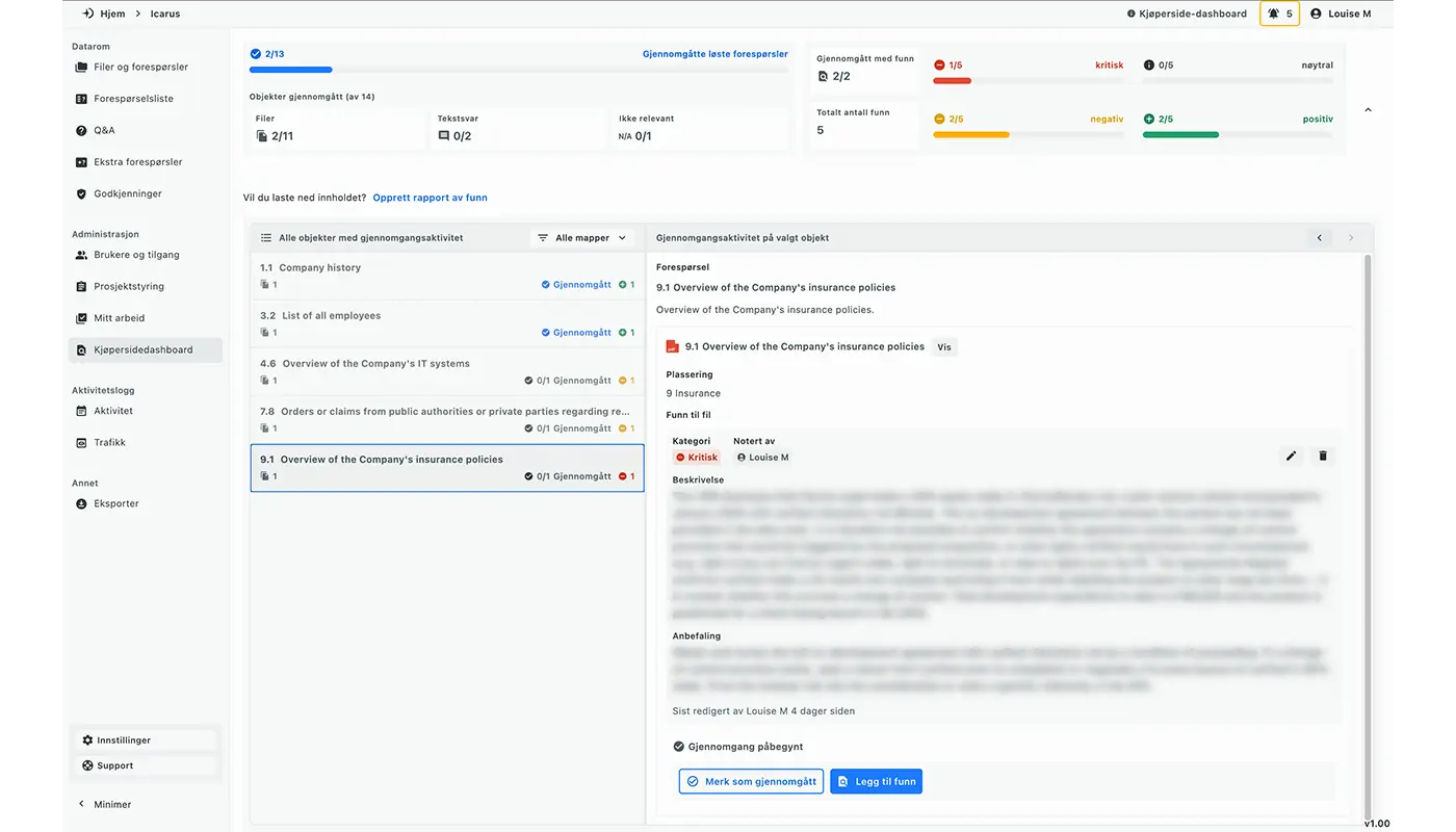 Kjøpersidedashboard for due diligence i Dillien som viser gjennomgangsfremdrift, funn etter kategori og detaljerte notater knyttet til spesifikke dokumenter
