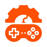 Orange gaming controller icon combined with a gear symbol representing game customization or management.
