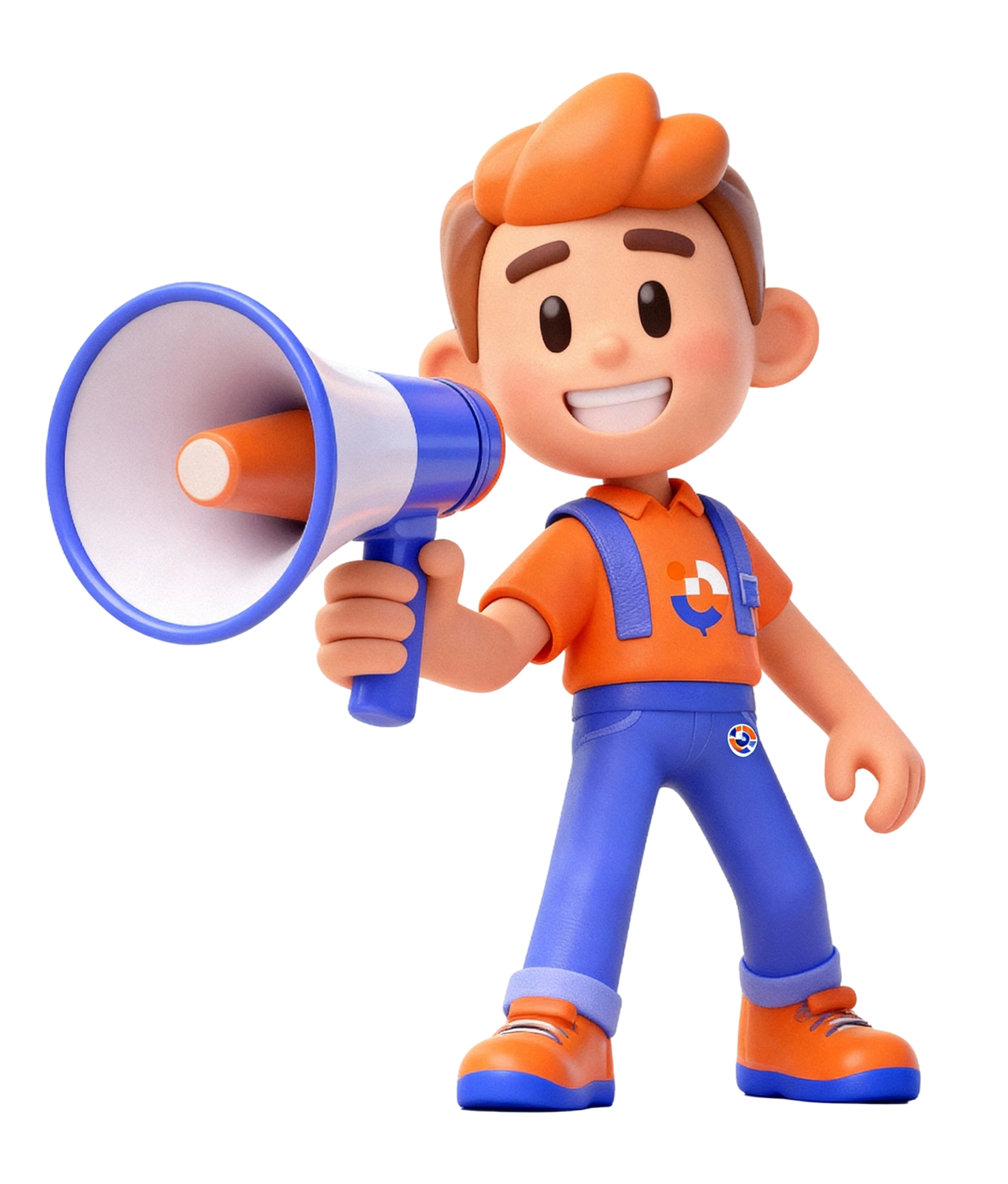 Smiling cartoon character with orange hair holding a blue and white megaphone.