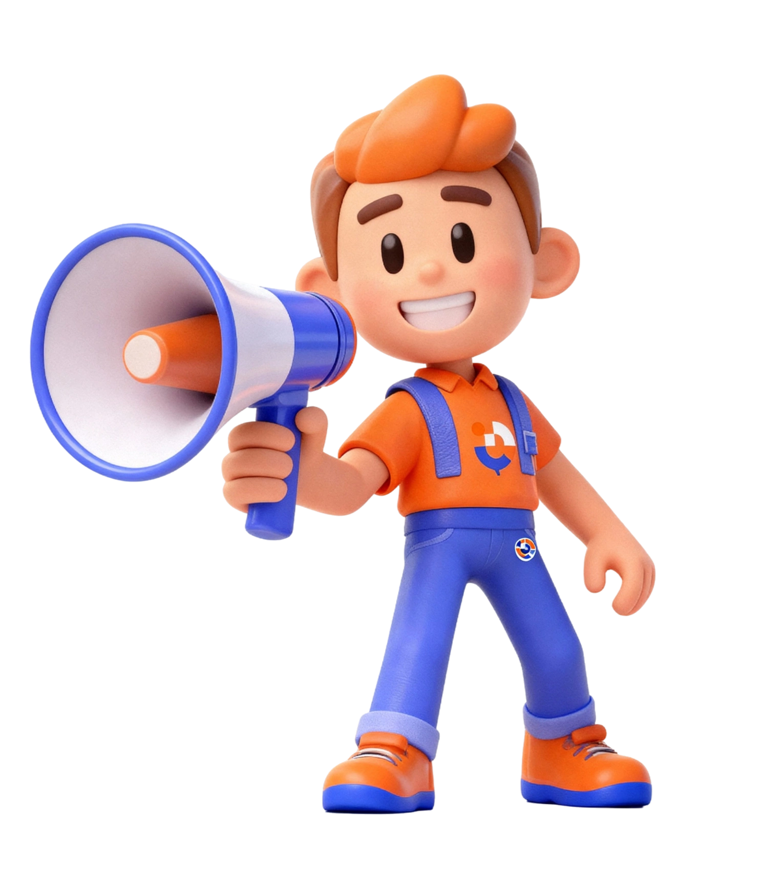 Cartoon character with orange hair, orange shirt, blue pants, and orange shoes holding a blue and white megaphone.