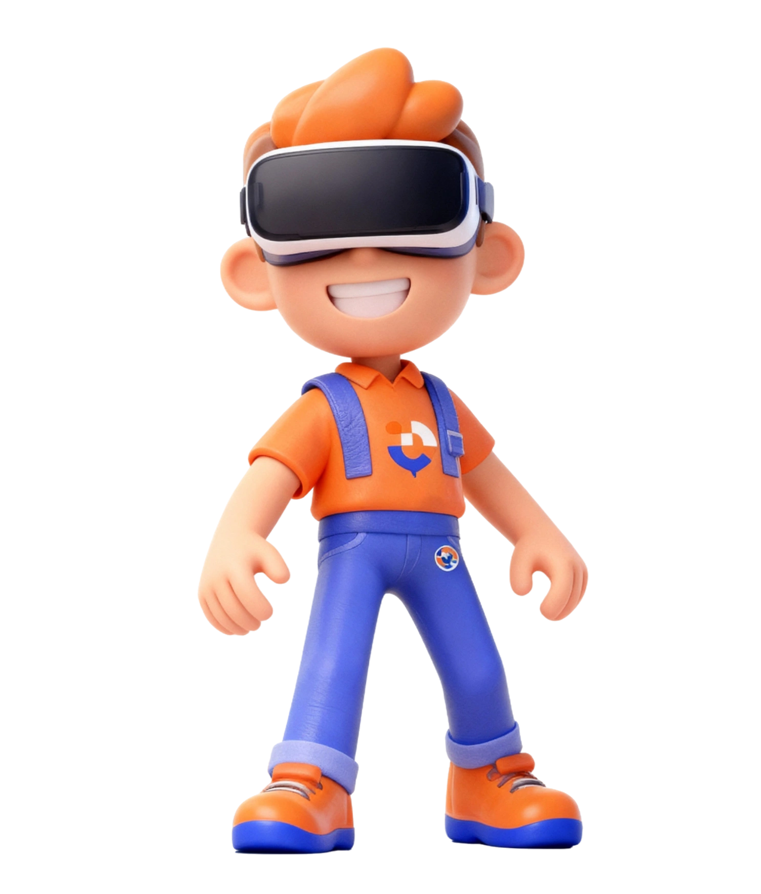 3D cartoon character with orange hair wearing virtual reality goggles, orange shirt, blue suspenders and pants, and orange boots.