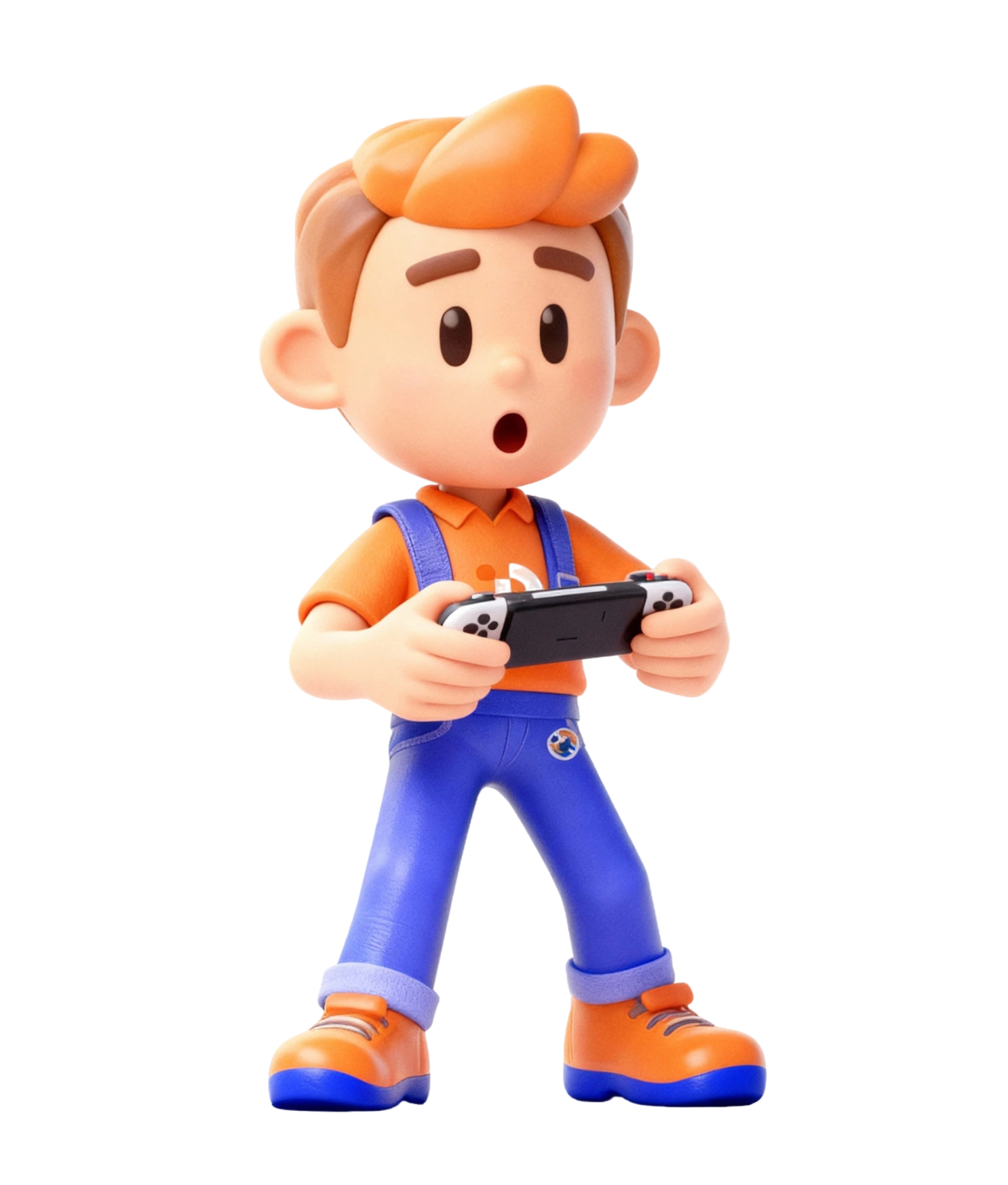 3D cartoon boy with orange hair and clothes playing on a handheld video game console with a focused expression.
