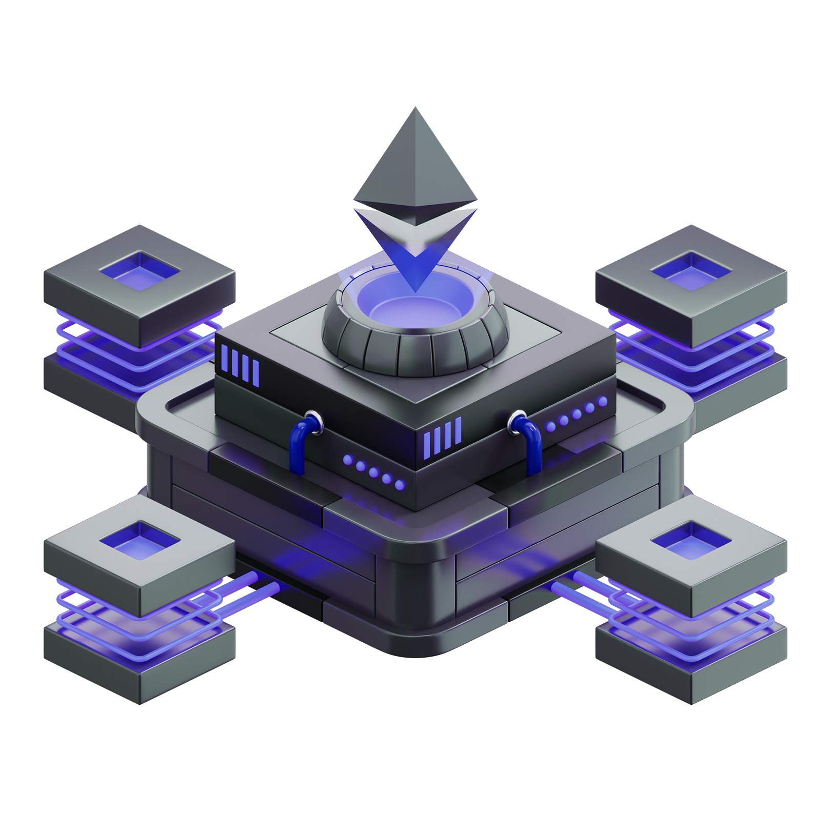 3D illustration of an Ethereum logo floating above a futuristic, glowing server or computing device with connected square nodes.