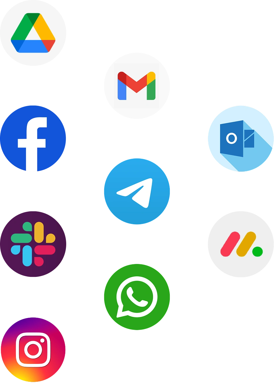 Cluster of popular app icons including Google Drive, Gmail, Facebook, Outlook, Telegram, Slack, Monday.com, WhatsApp, and Instagram.