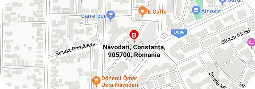 Map showing Năvodari, Constanța, 905700, Romania with nearby streets and landmarks including Carrefour, E Caffe, and Dönerci Ömer Usta-Năvodari.