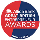 Allica Bank Great British Entrepreneur Awards Finalist 2025 round logo with red and blue halves.