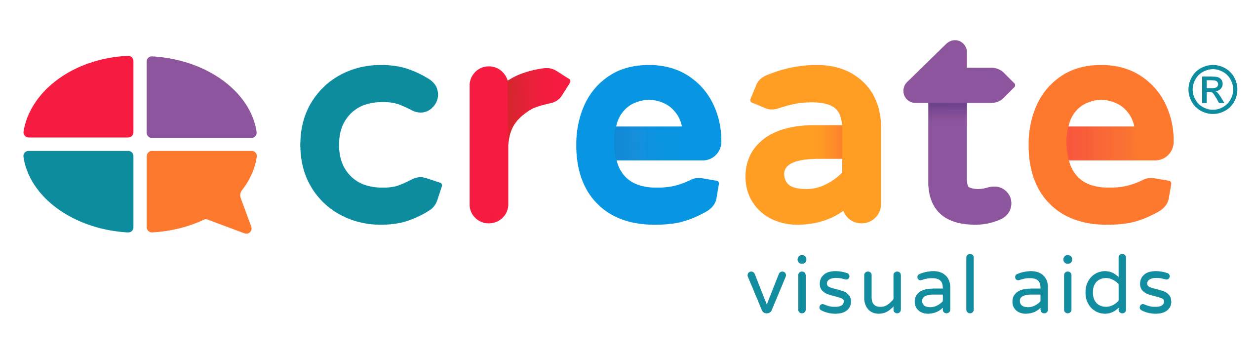 Create logo. Colorful puzzle pieces forming a speech bubble beside the word 'create' and the phrase 'visual aids' below.