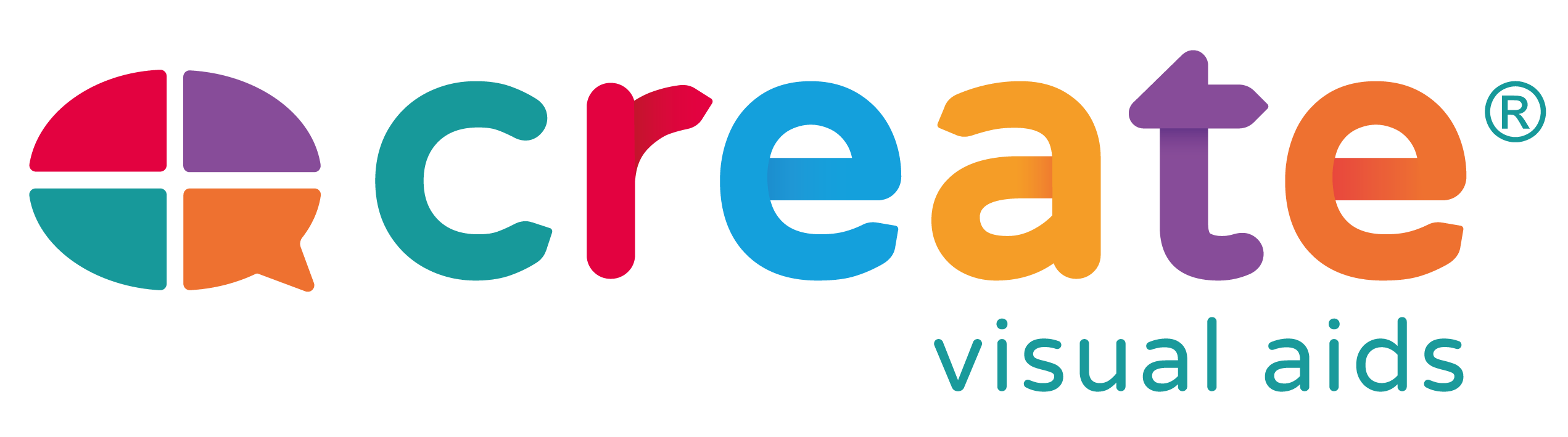 Create logo. Colorful puzzle pieces forming a speech bubble beside the word 'create' and the phrase 'visual aids' below.