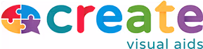 Create logo. Colorful puzzle pieces forming a speech bubble beside the word 'create' and the phrase 'visual aids' below.
