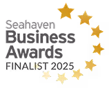 Seahaven Business Awards Finalist logo with five gold stars arranged in a curve.