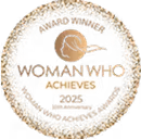 Winner 2025 Achievement badge with a circular laurel wreath and a trophy icon at the center.