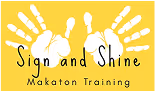 Logo with two white handprints and the text 'Sign and Shine Makaton Training' on a yellow background.