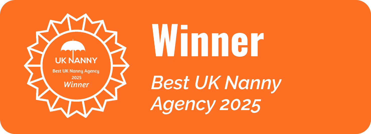 Orange badge with an umbrella icon and text: Winner Best UK Nanny Agency 2025.