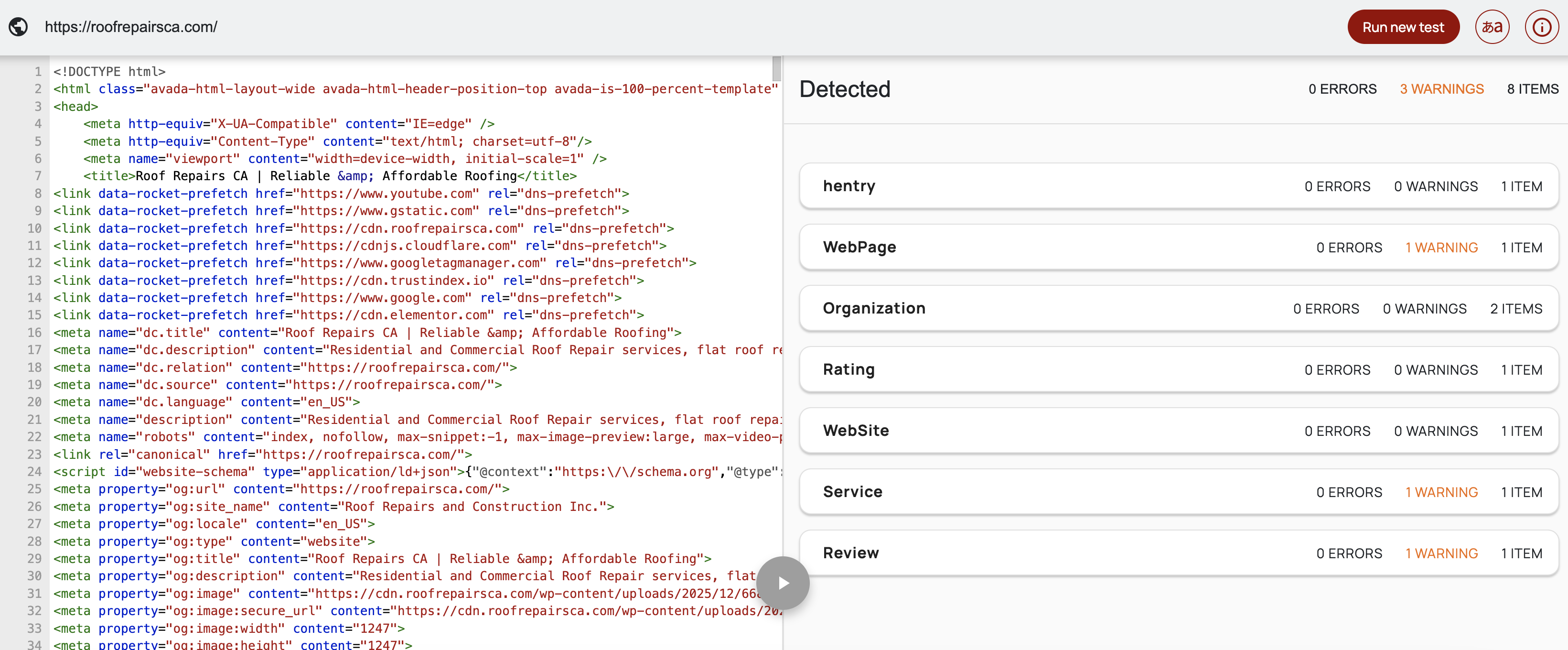 schema markup of a roofing website
