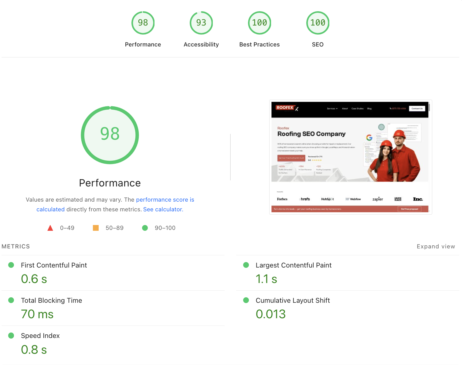 screenshot of page speed insights with good performance