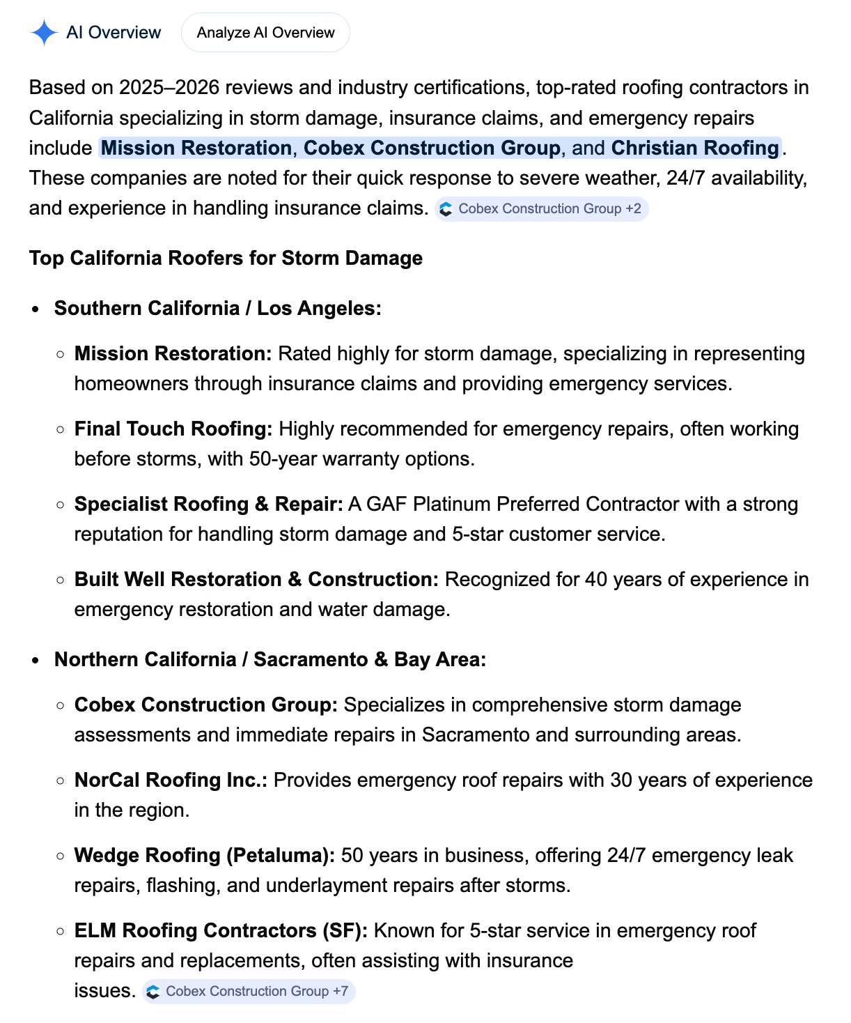 google AI overview of roofing companies in USA