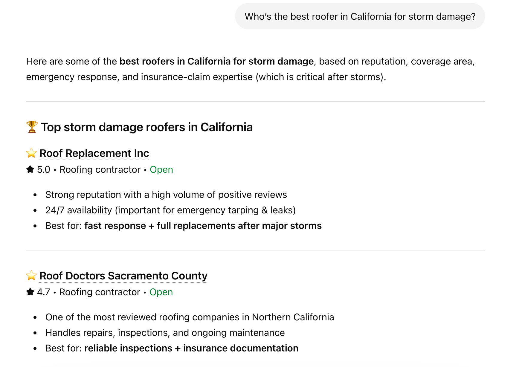 screenshot of chatgpt showing best roofer in California for storm damage