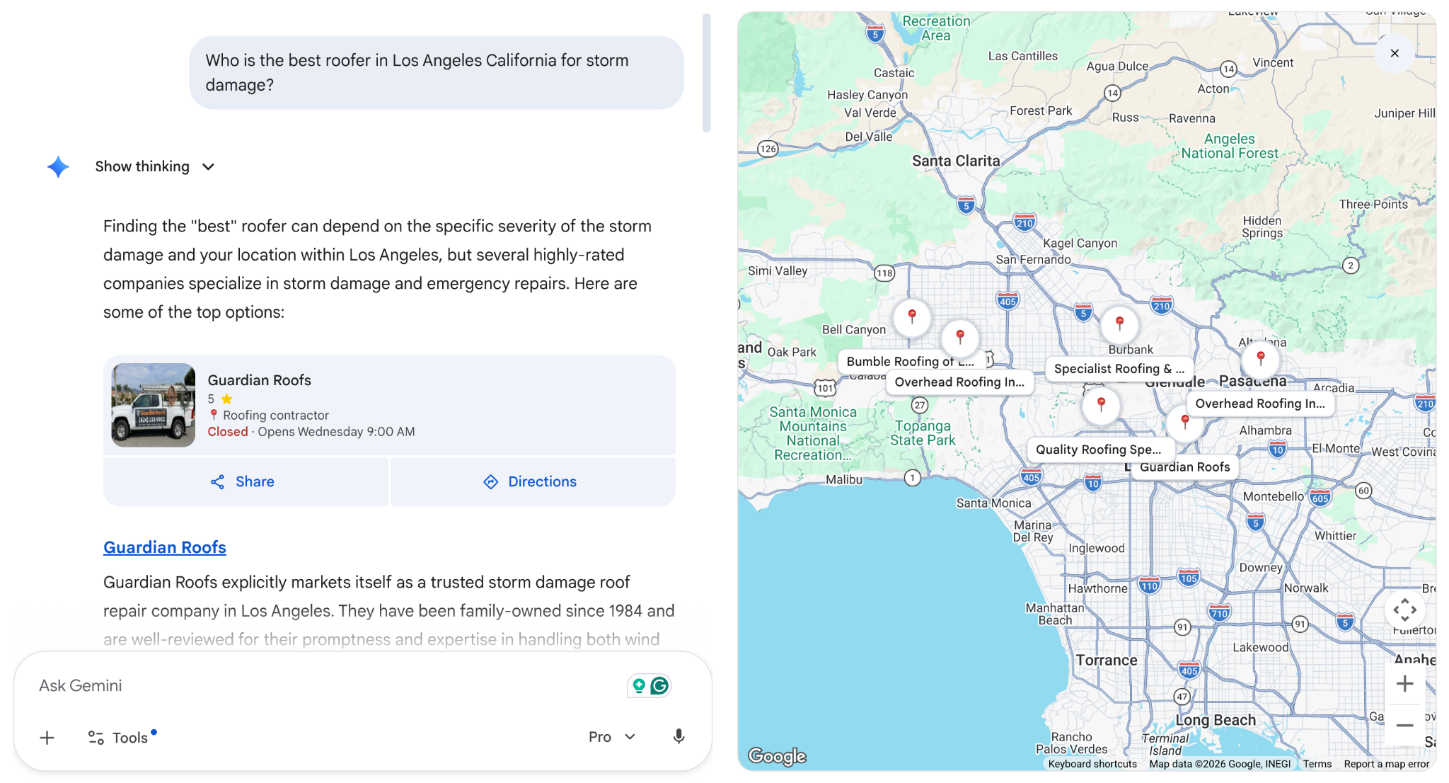 google AI mode showing a map of best roofers in California