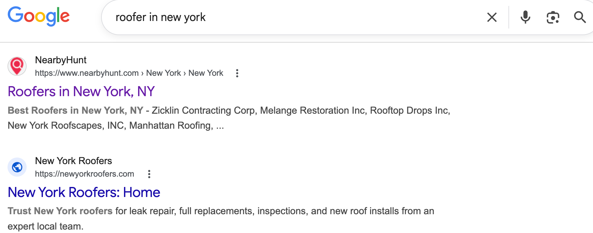 SERP for roofer new york
