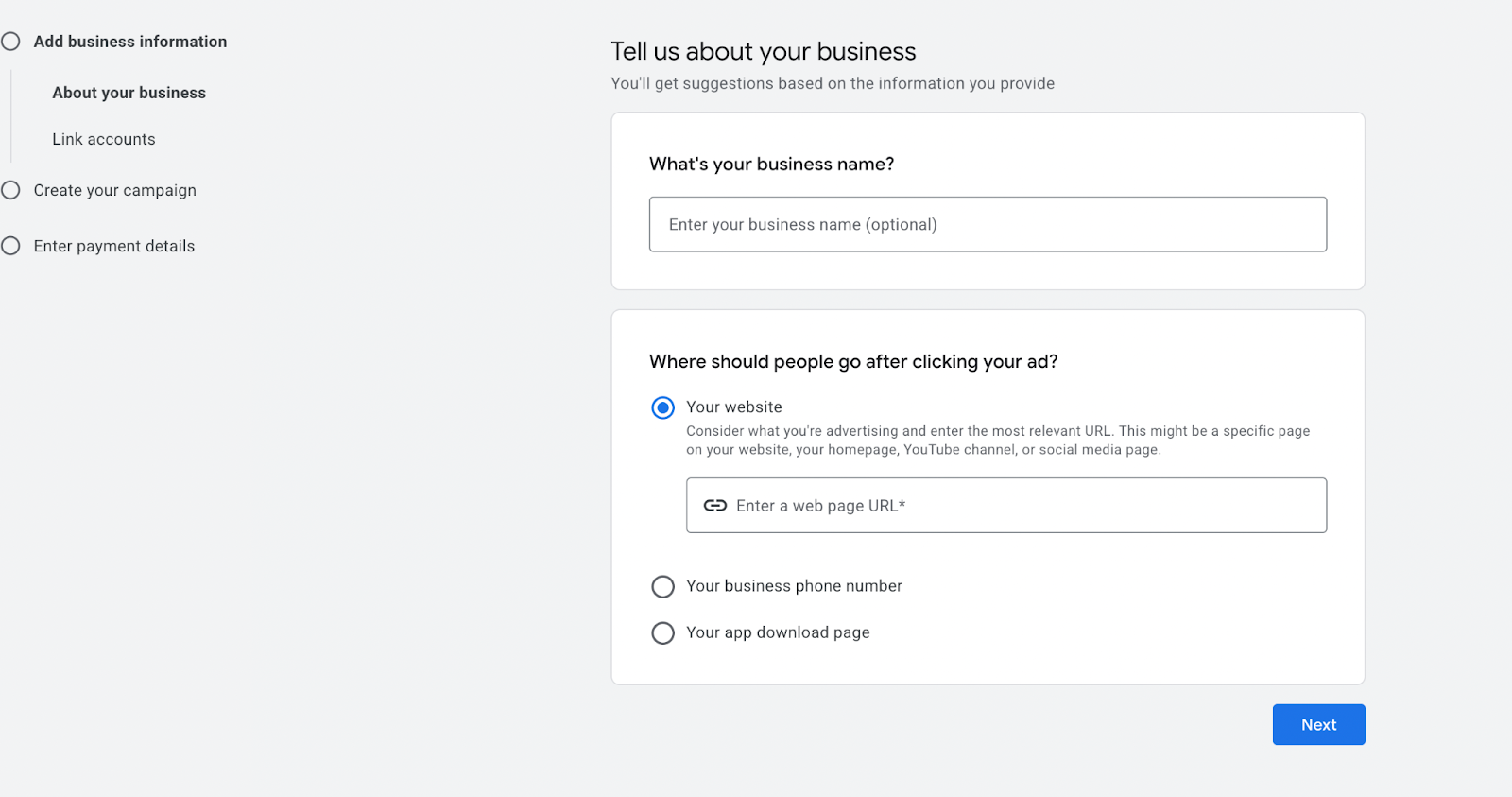 Google Ads Account Creation Page