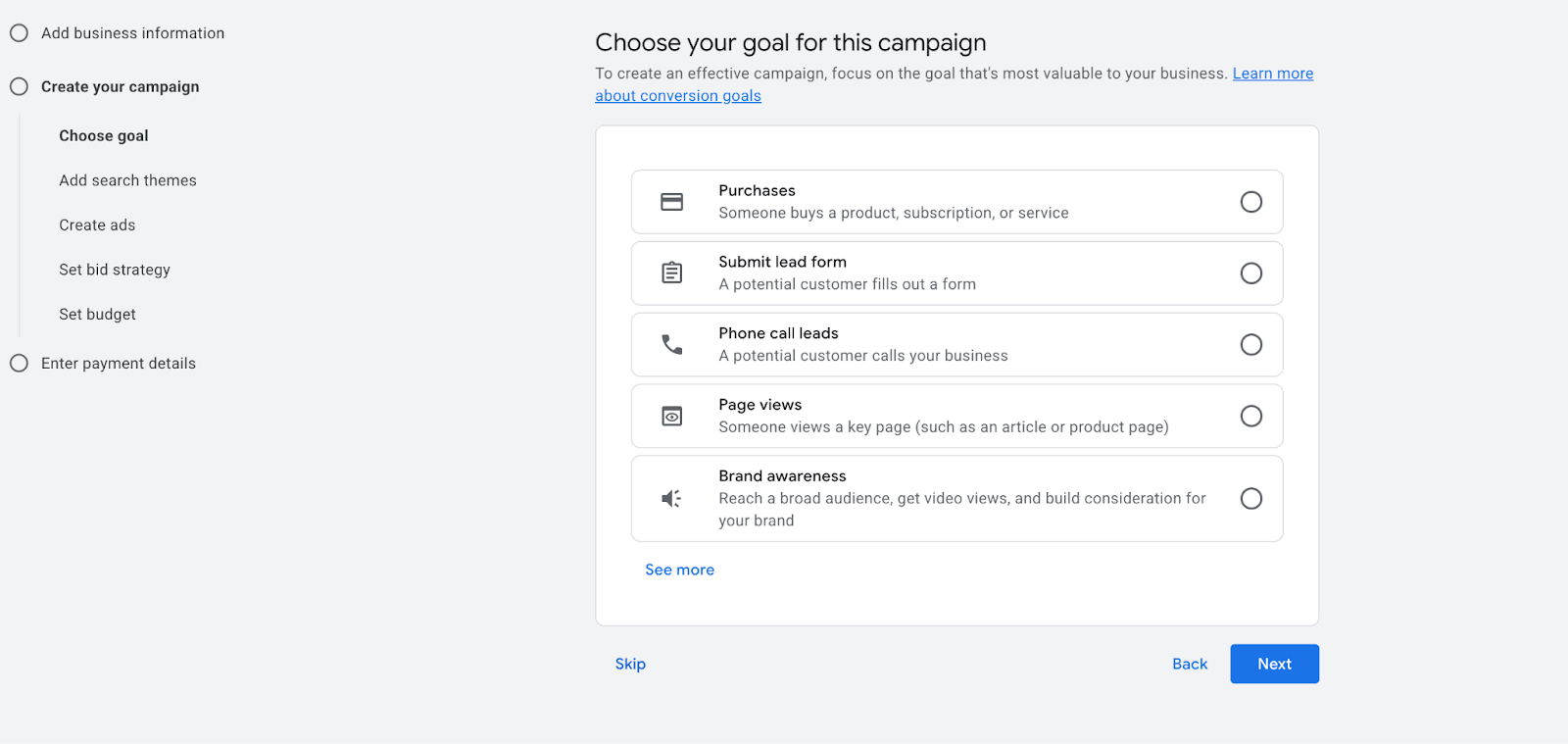 choosing goal for roofing google ads campaign
