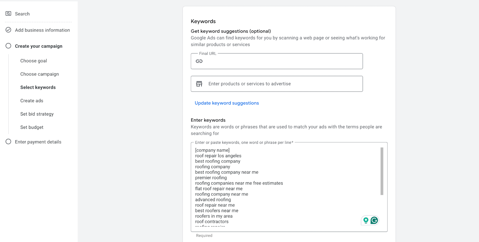 adding roofing keywords to google ads
