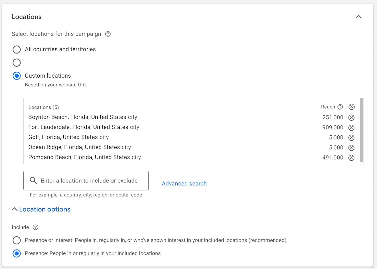 choosing locations for ads campaign