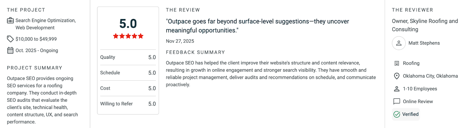 Client Review Summary for Outpace SEO