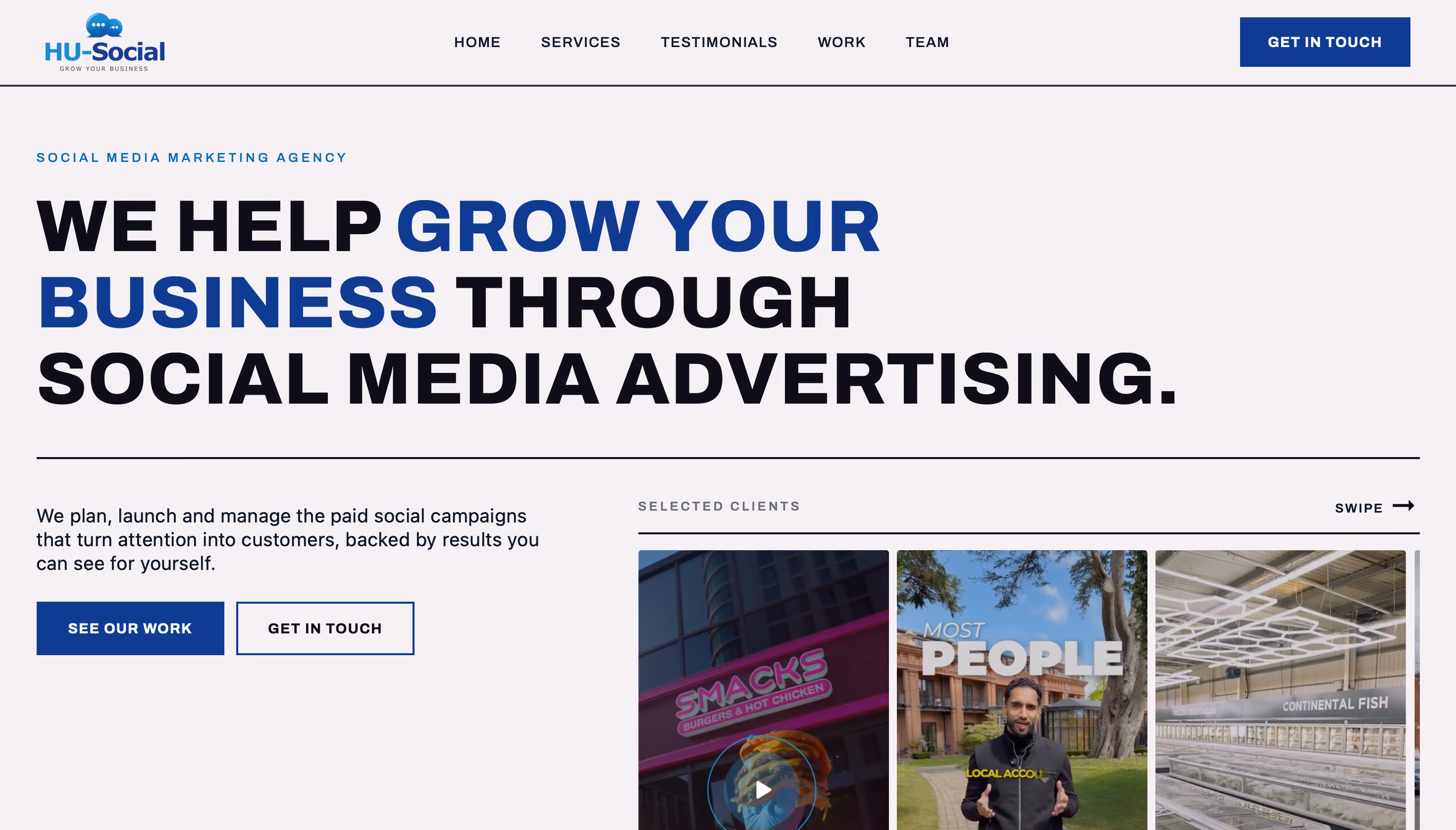 A screenshot of HU-Social's website. Created by SimpleSites.