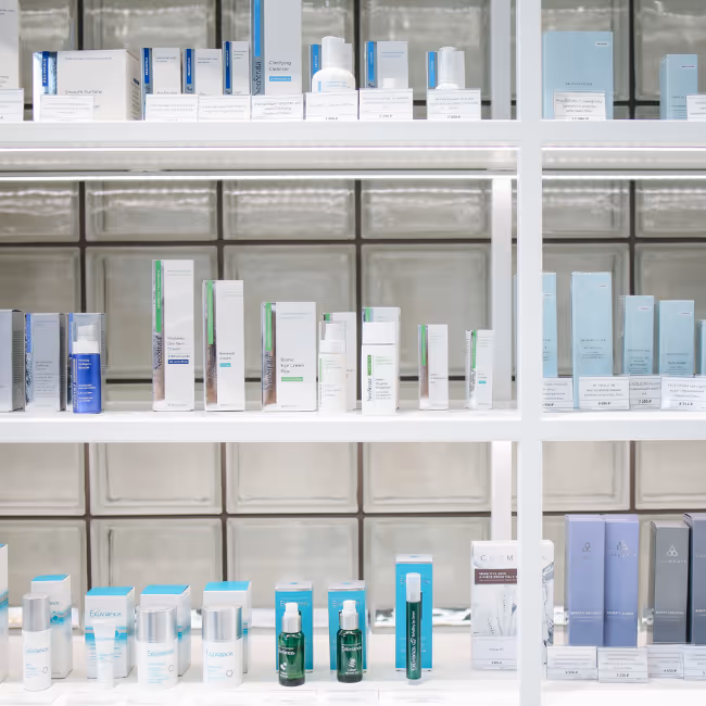 A brand's products on a shelf in a retail setting.