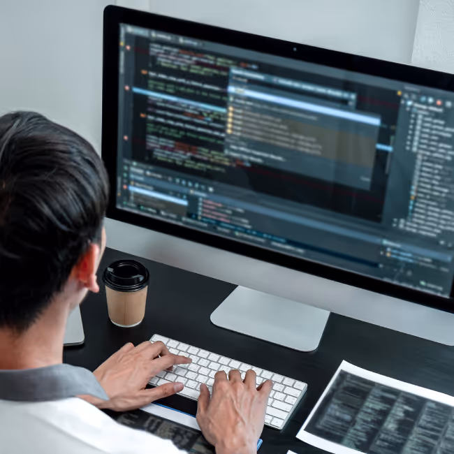A person writing code to create an inventory management and order fulfillment software.