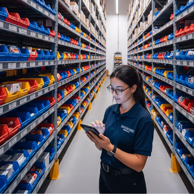 A person doing inventory management on a mobile app in a fulfillment center for ecommerce brands.