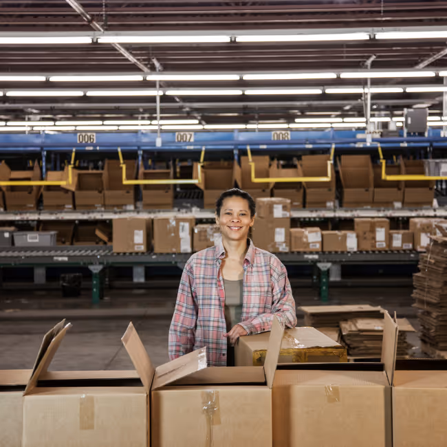 Packages being filled in a fulfillment center.