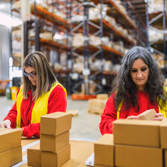 Two fulfillment team members packing products for order fulfillment.