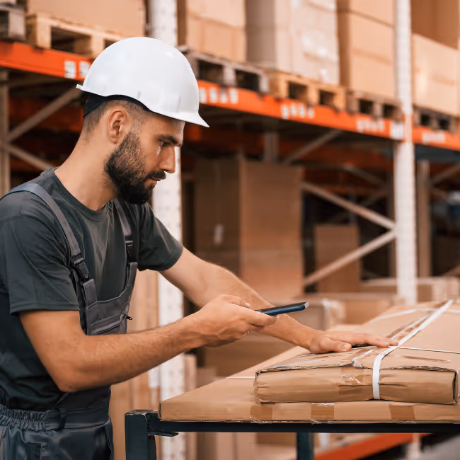 A person scanning inventory in a warehouse.