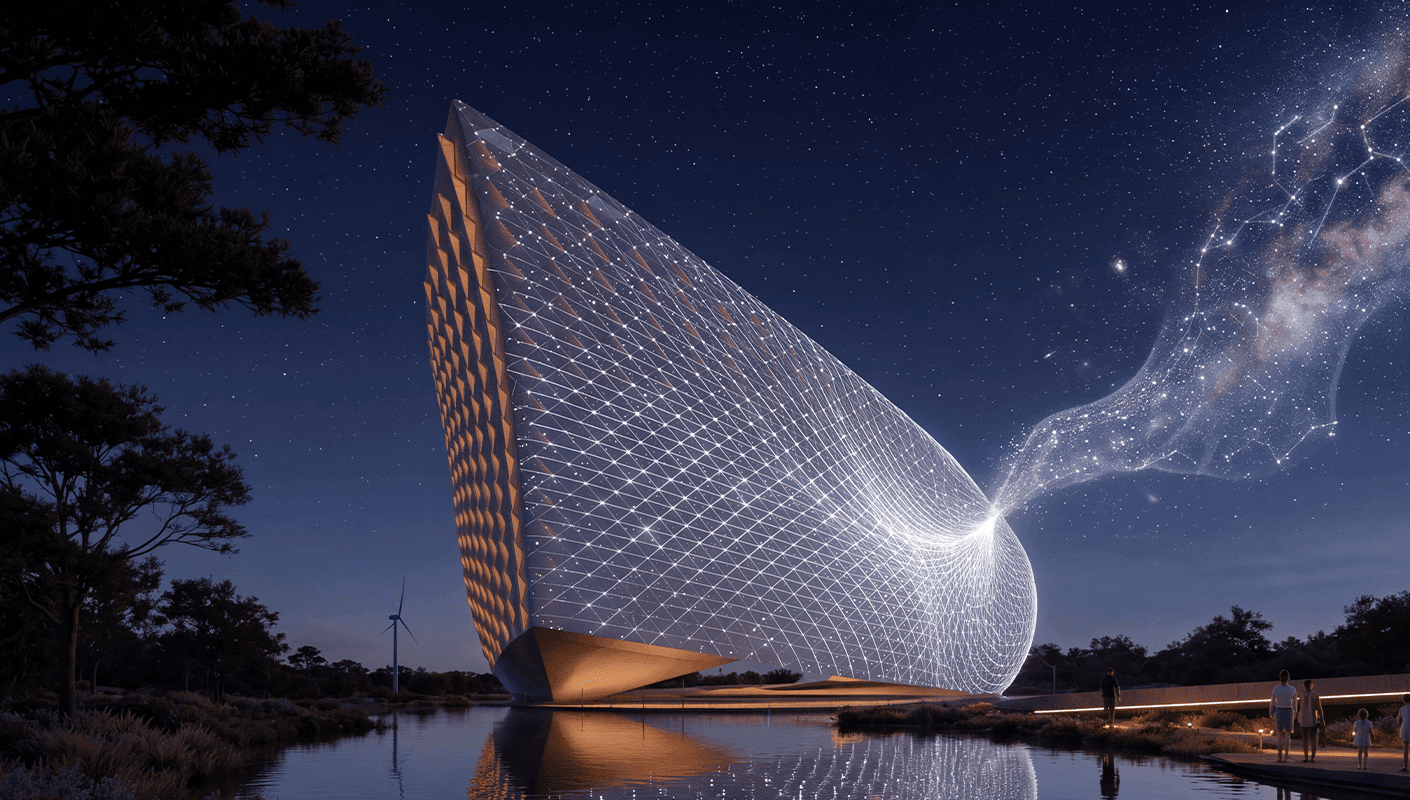 AI-gegenereerd ontwerp van een verlicht, gebogen paviljoen bij een meer in de avond
