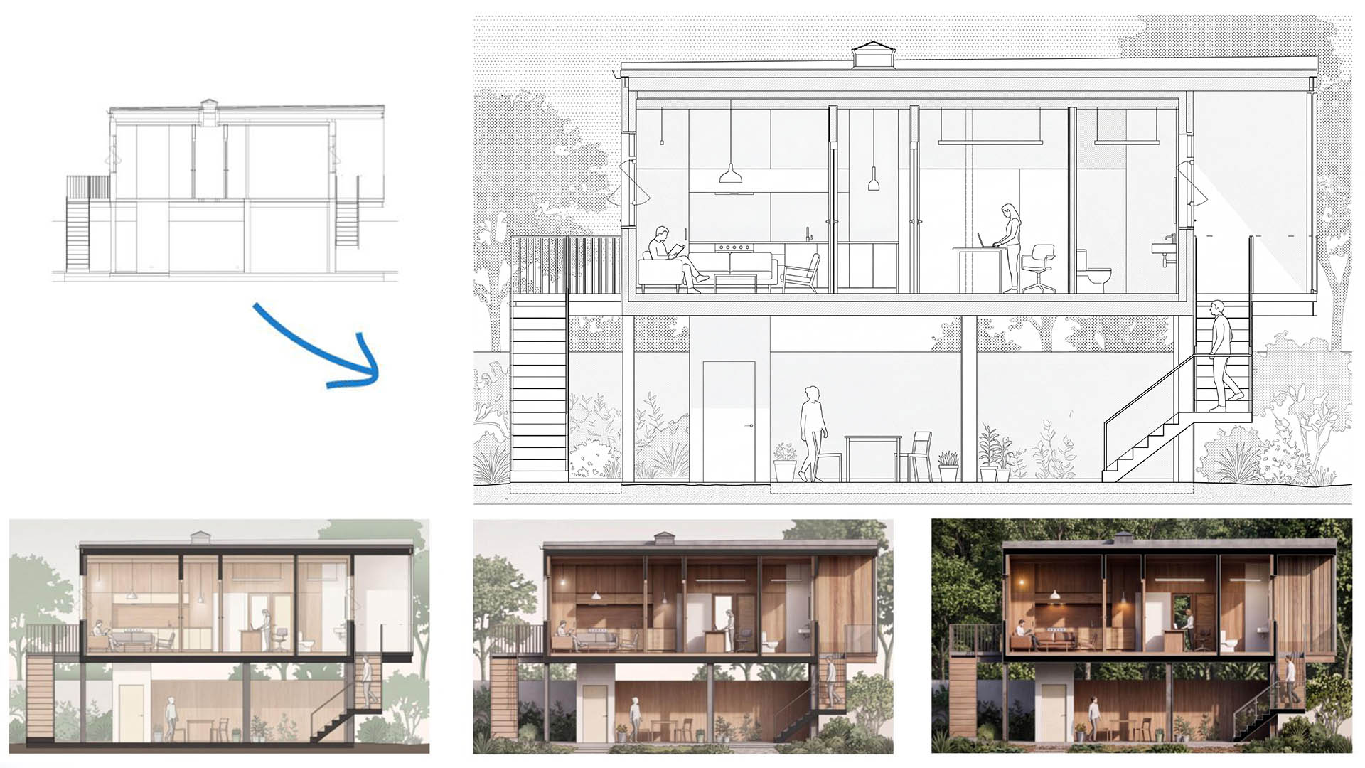 2D-CAD-doorsnede, een met Veras AI verfijnde rasterillustratie en drie gerenderde doorsnedevarianten.